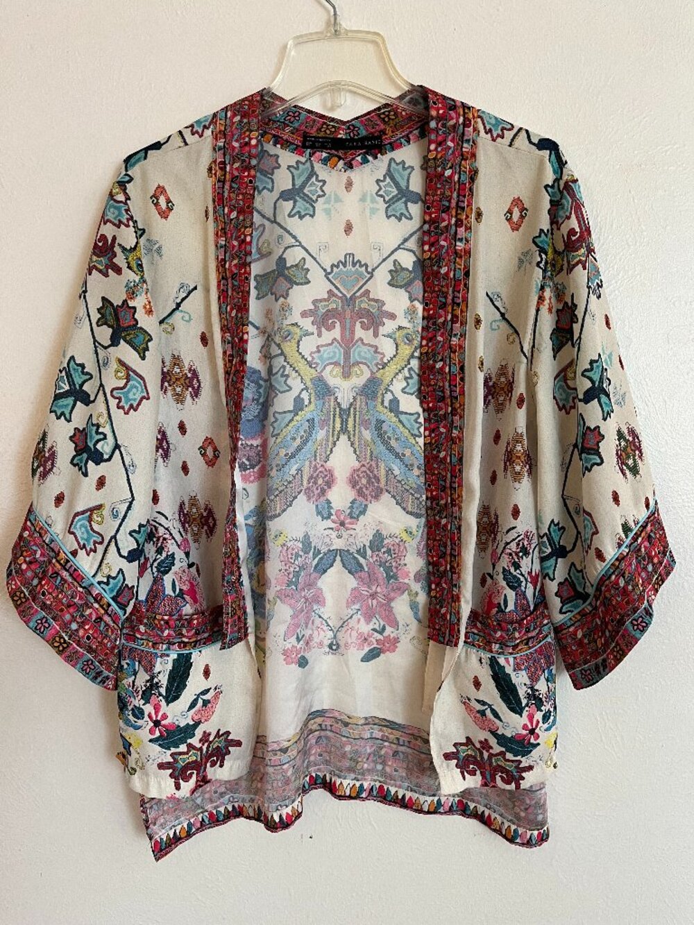 Zara Women's Silky Open Kimono Floral Bird Pattern Size XS Boho Hippie Resort